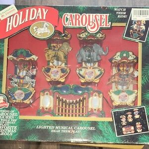Mr. Christmas Holiday Carousel Zebra Elephant Lion Tiger 4 Mechanical Ornaments